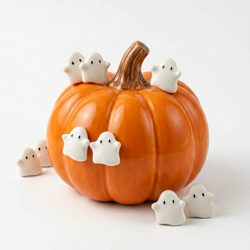 Pumpkin with small ghost earrings on a white background for Halloween 